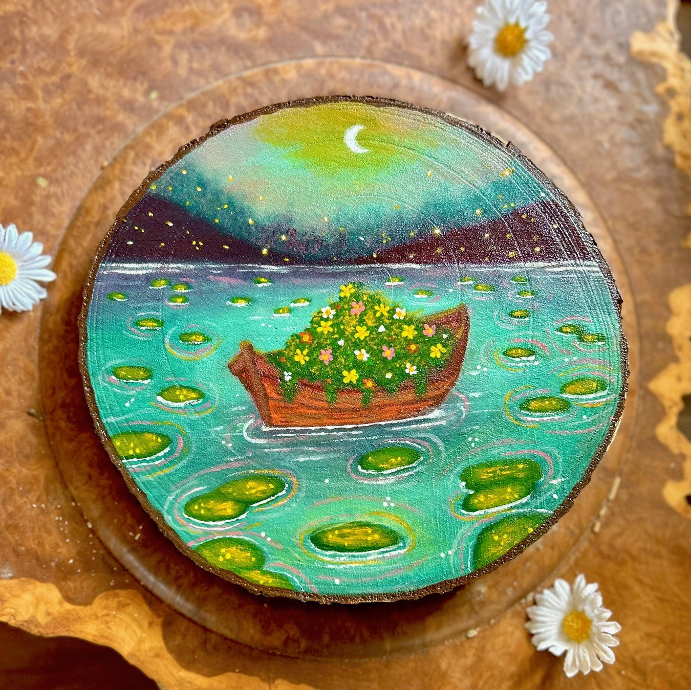 Adrift in Bloom – Dreamy Boat and Flowers Original Wood Slice Art Original Painting