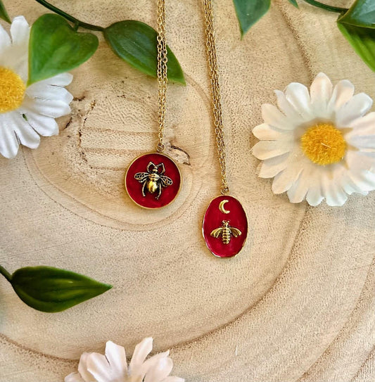 Gold Bee Charm Necklace | Hand-Painted Red Pendant | Boho Cottagecore Jewellery Gift