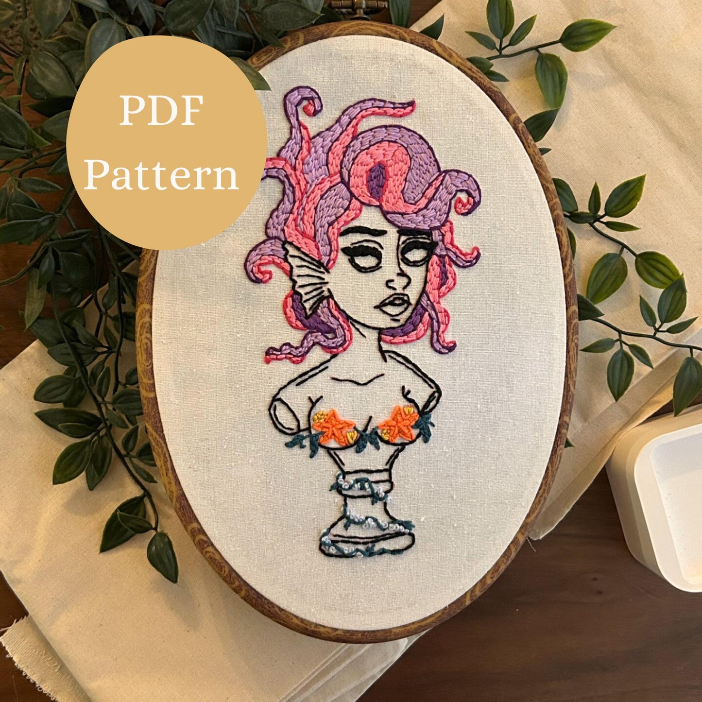 PDF Embroidery Pattern – Mythic Medusa Muse Bust with Tentacle Hair | Bold Ocean-Inspired Modern Stitch