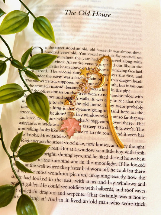 Autumn Moon Bookmark: Gold Bee, Floral Charms - Cottagecore Bookish Gift
