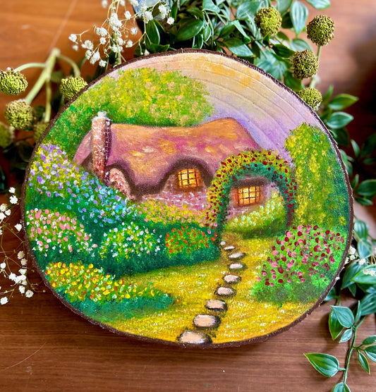 Hidden Cottage – Original Woodland Cottage Wood Slice Painting