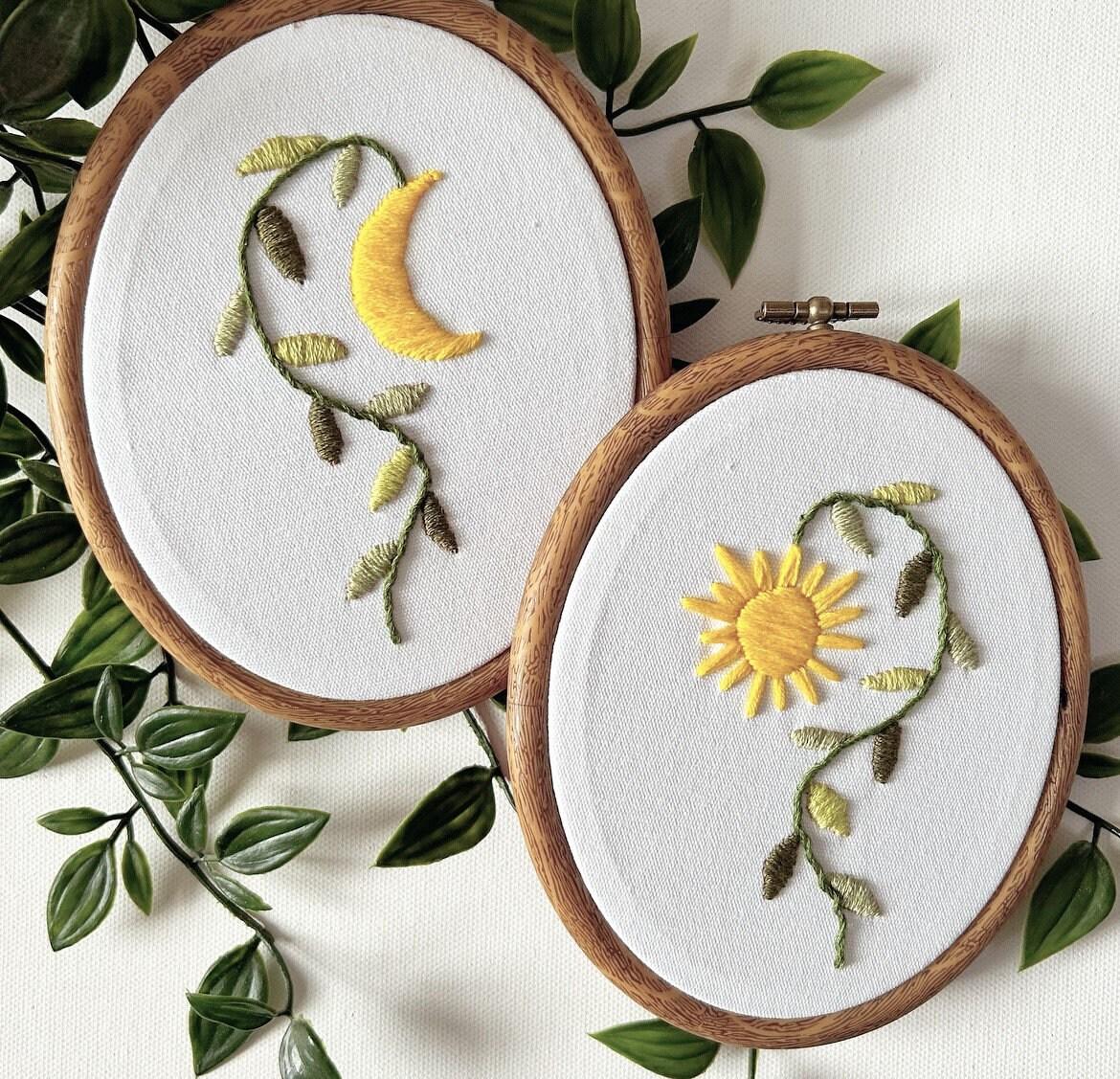 PDF Embroidery Pattern Set – Sun & Moon Botanical Hoops | Minimalist Nature Stitch Bundle
