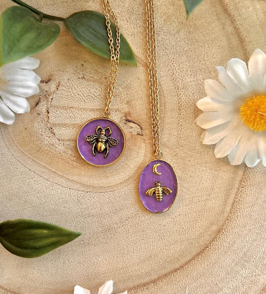 Lavender Bee Necklace – Handmade Painted Pendant with Gold Charm | Celestial Cottagecore Jewellery