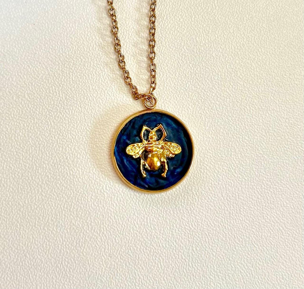 Navy & Gold Bee Charm Necklace – Handmade Painted Pendant on Gold Chain | Nature-Inspired Jewellery