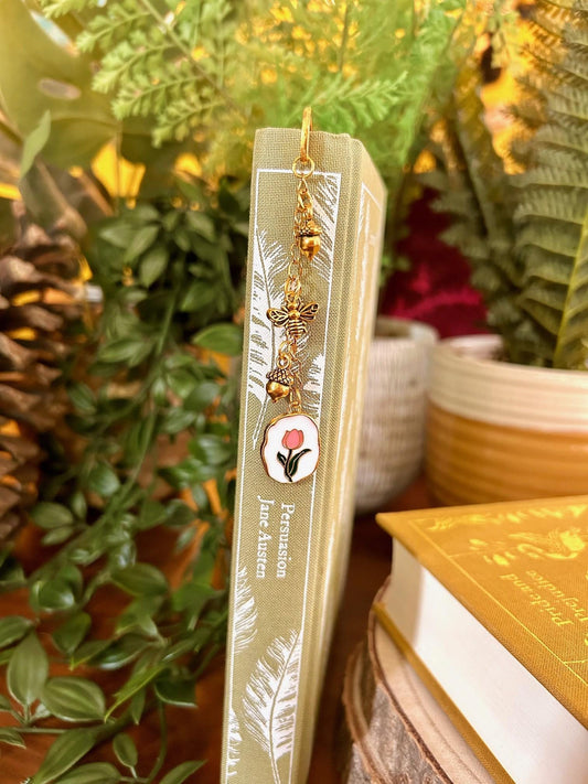 Gold Tulip Bookmark: Bee Charm, Cottagecore Book Lover Gift