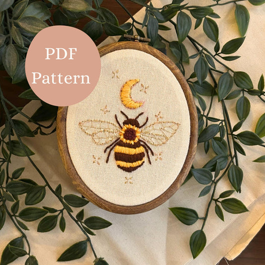 PDF Embroidery Pattern – Luna Bee with Crescent Moon | Celestial Nature Hoop Art