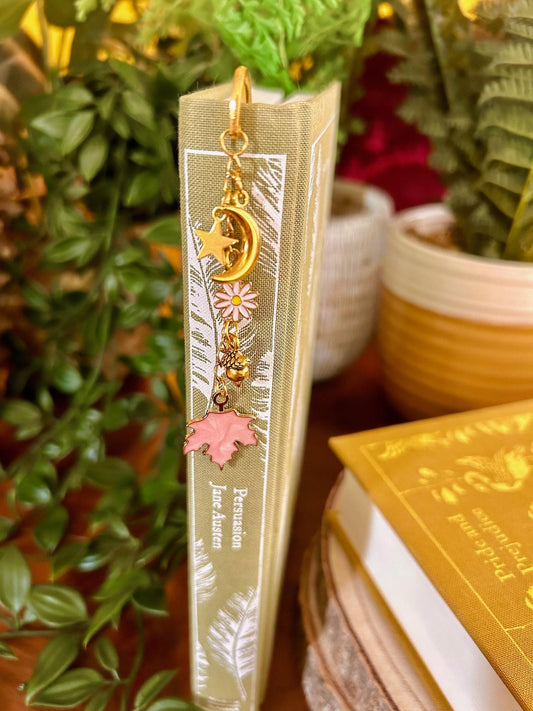 Autumn Moon Bookmark: Gold Bee, Floral Charms - Cottagecore Bookish Gift