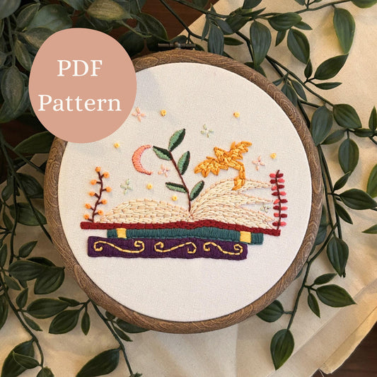 PDF Embroidery Pattern – Magical Storybook with Plants & Moon | Fantasy Book Hoop Art