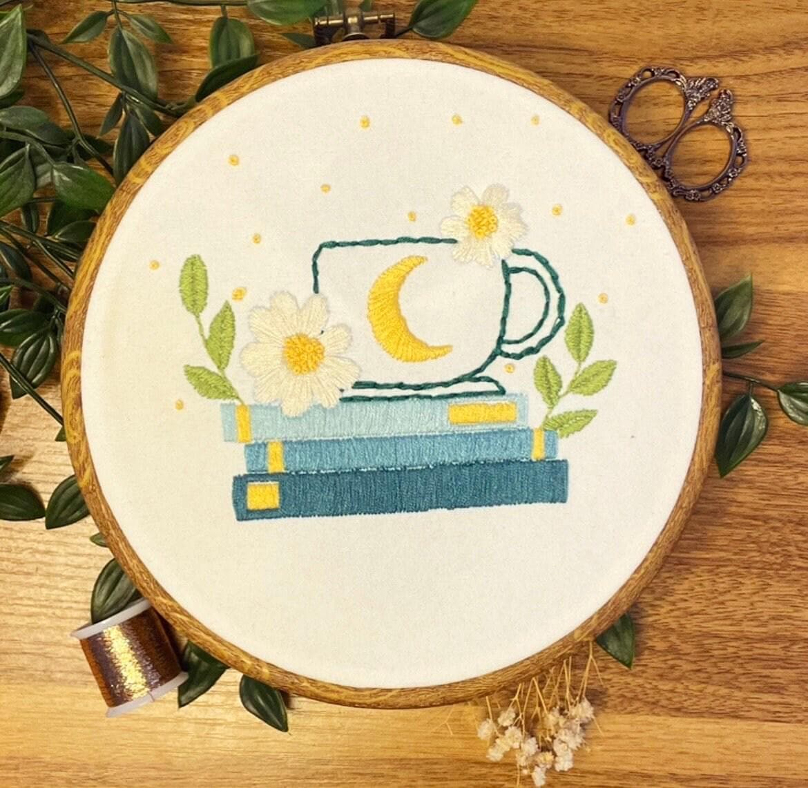 PDF Embroidery Pattern – Moon Mug & Book Stack with Flowers | Cosy Stitchable Hoop Art