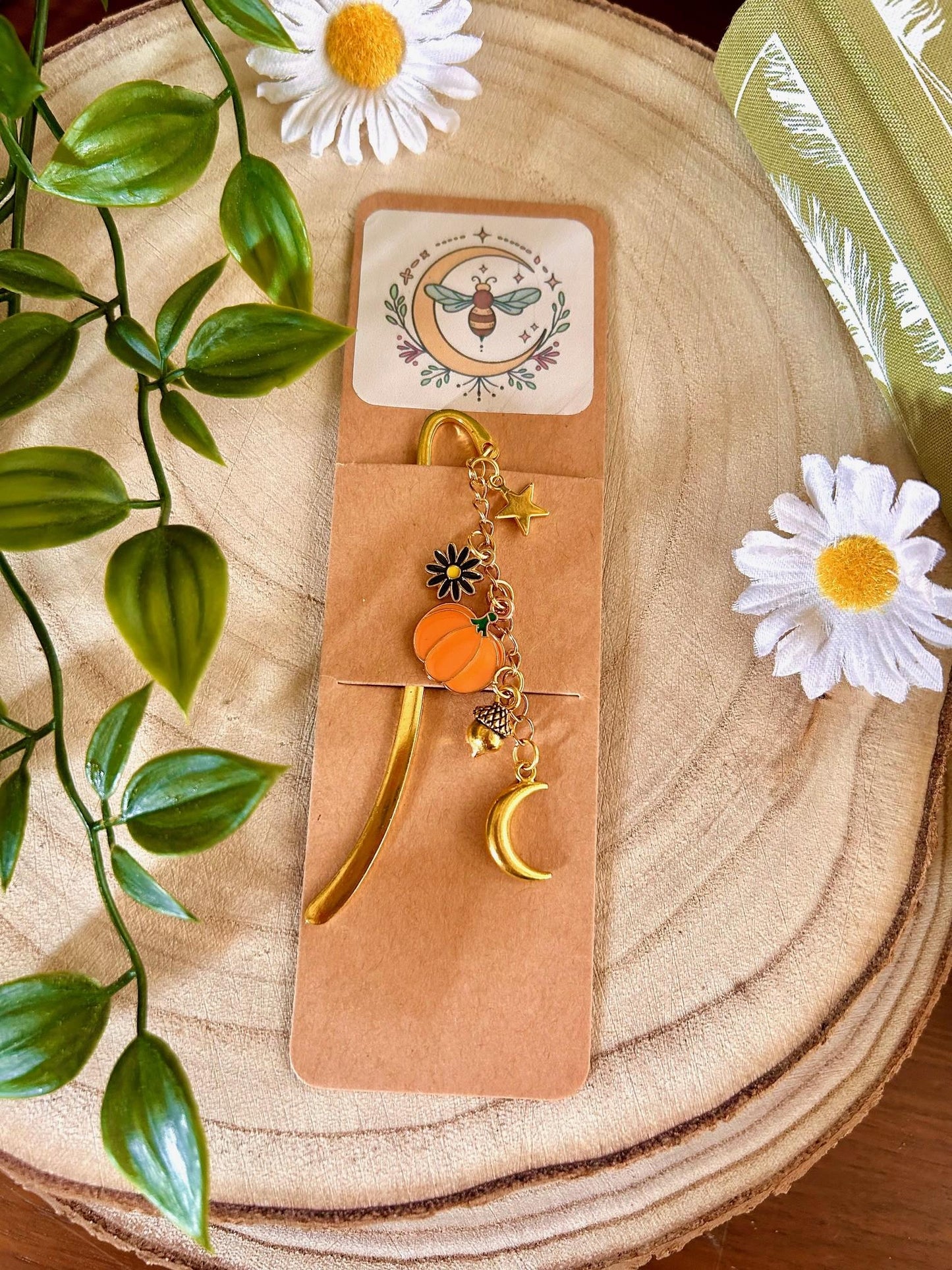 Pumpkin Moon Bookmark: Gold Celestial Charms - Witchy Bookish Gift