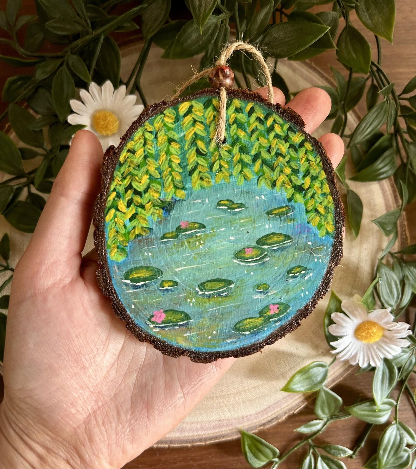 Hand Painted Waterlilies Wood Slice Mini Wall Hanging Original Art Home Decor Ornament