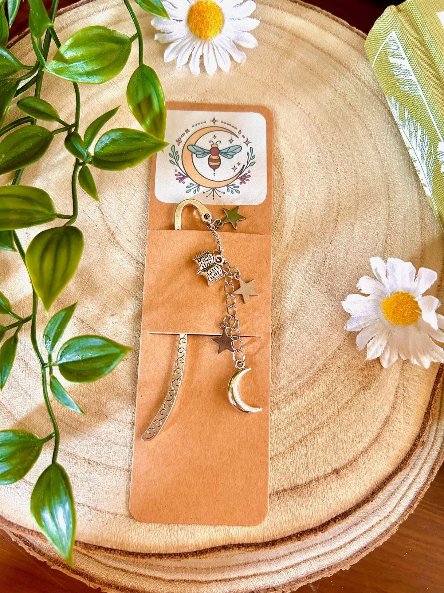 Celestial Moon & Stars Bookmark: Silver Charm, Witchy Book Accessory
