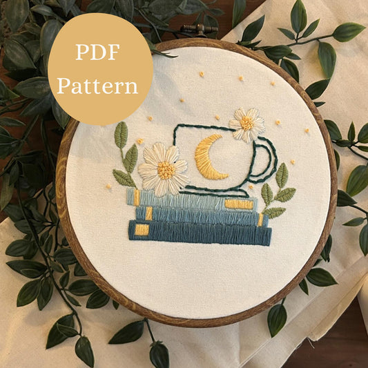 PDF Embroidery Pattern – Moon Mug & Book Stack with Flowers | Cosy Stitchable Hoop Art
