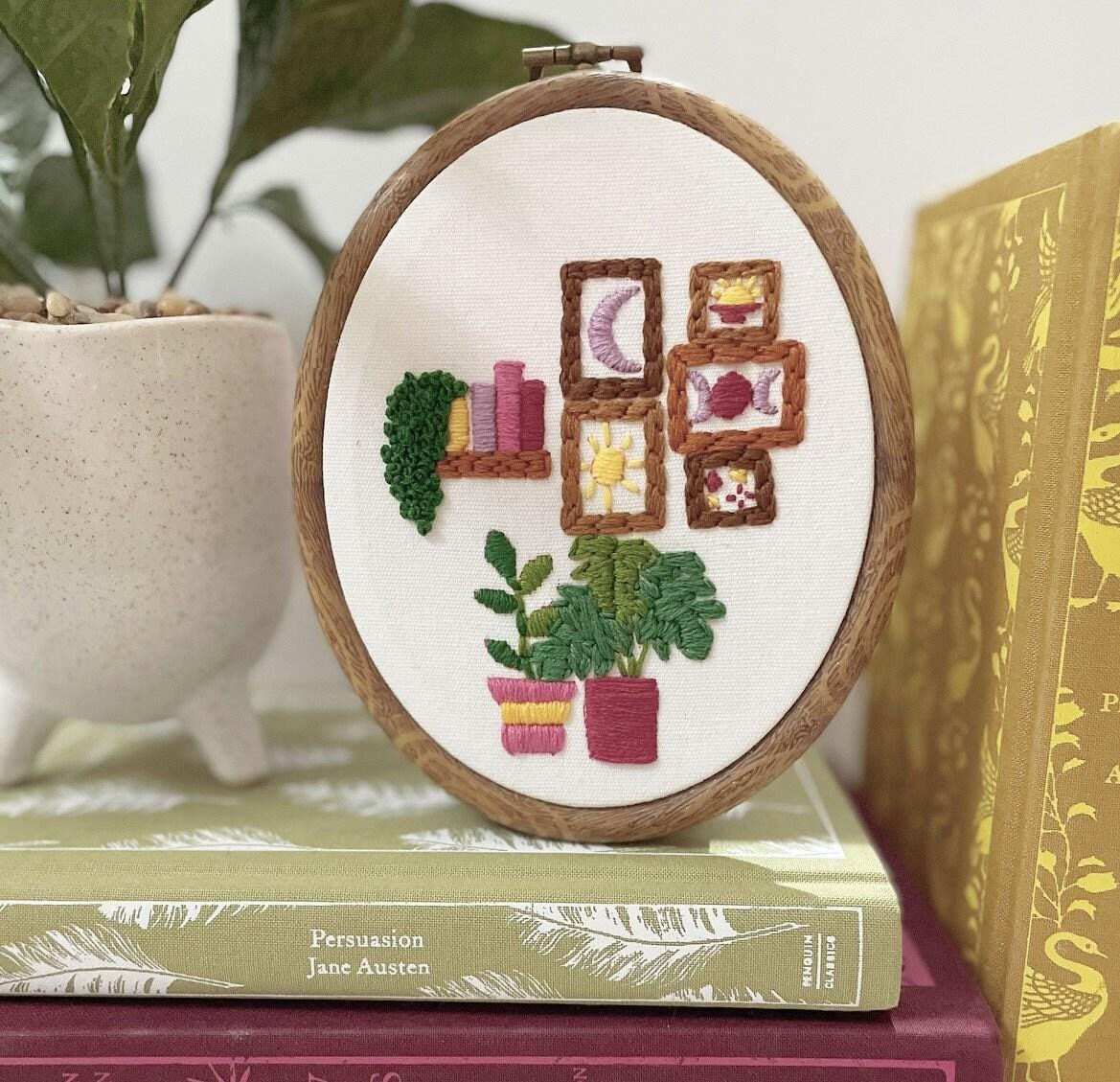 PDF Embroidery Pattern – Cosy Shelf & Plants Wall Art | Mini Frame and Bookshelf Stitch Design
