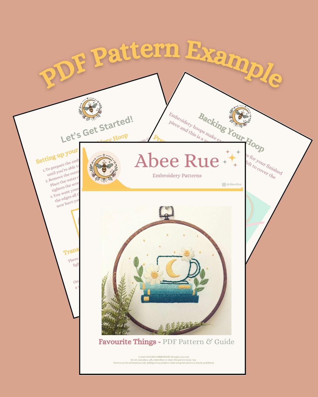 PDF Embroidery Pattern – Luna Bee with Crescent Moon | Celestial Nature Hoop Art