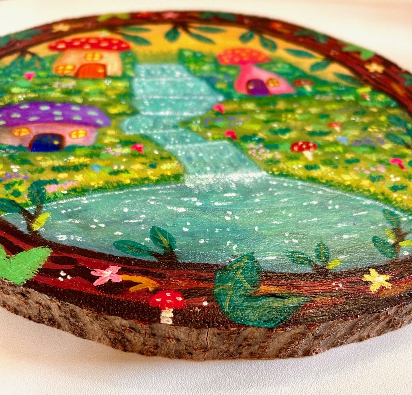 Fae Hollow – Magical Toadstool Village Painting on Wood Slice