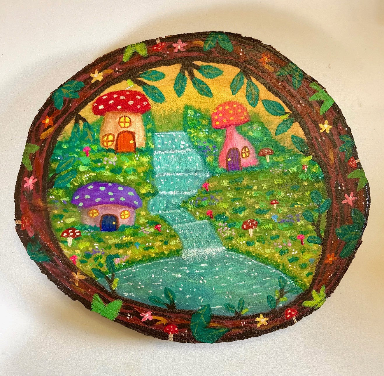 Fae Hollow – Magical Toadstool Village Painting on Wood Slice
