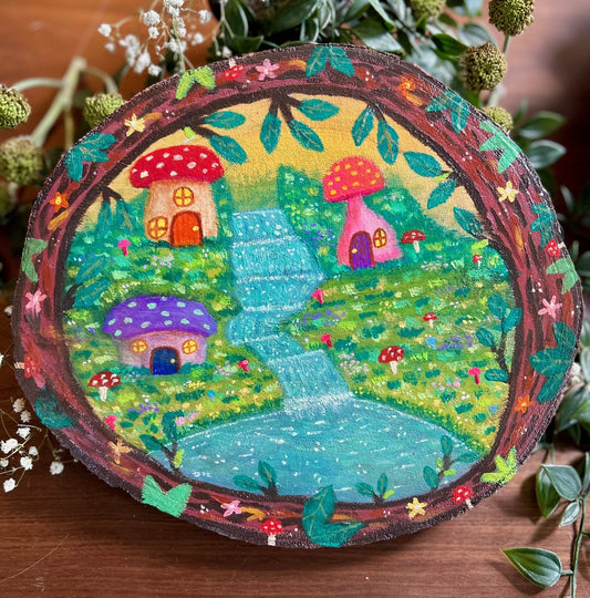 Fae Hollow – Magical Toadstool Village Painting on Wood Slice
