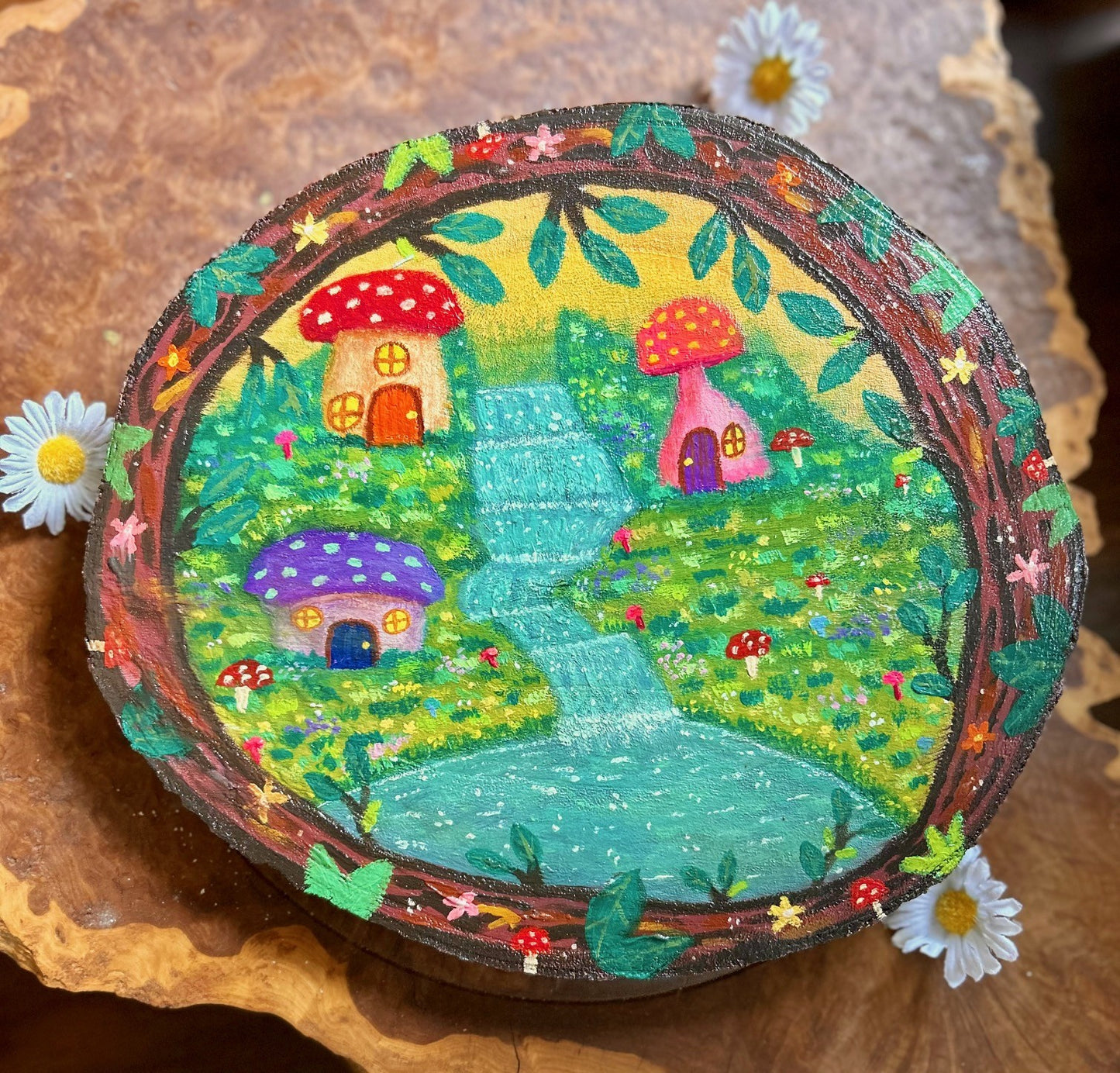 Fae Hollow – Magical Toadstool Village Painting on Wood Slice