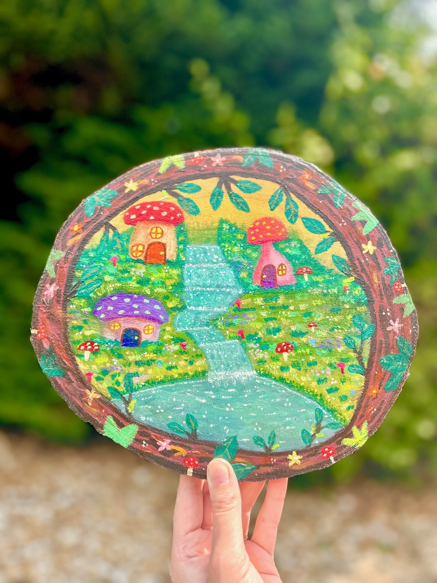 Fae Hollow – Magical Toadstool Village Painting on Wood Slice