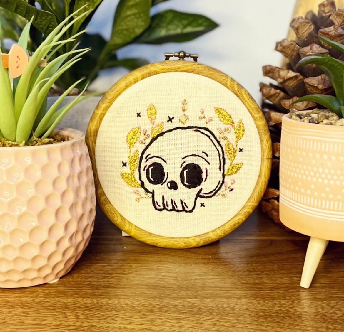 PDF Embroidery Pattern – Pretty Grim Skull with Gold Florals | Cute Gothic Witchy Stitch