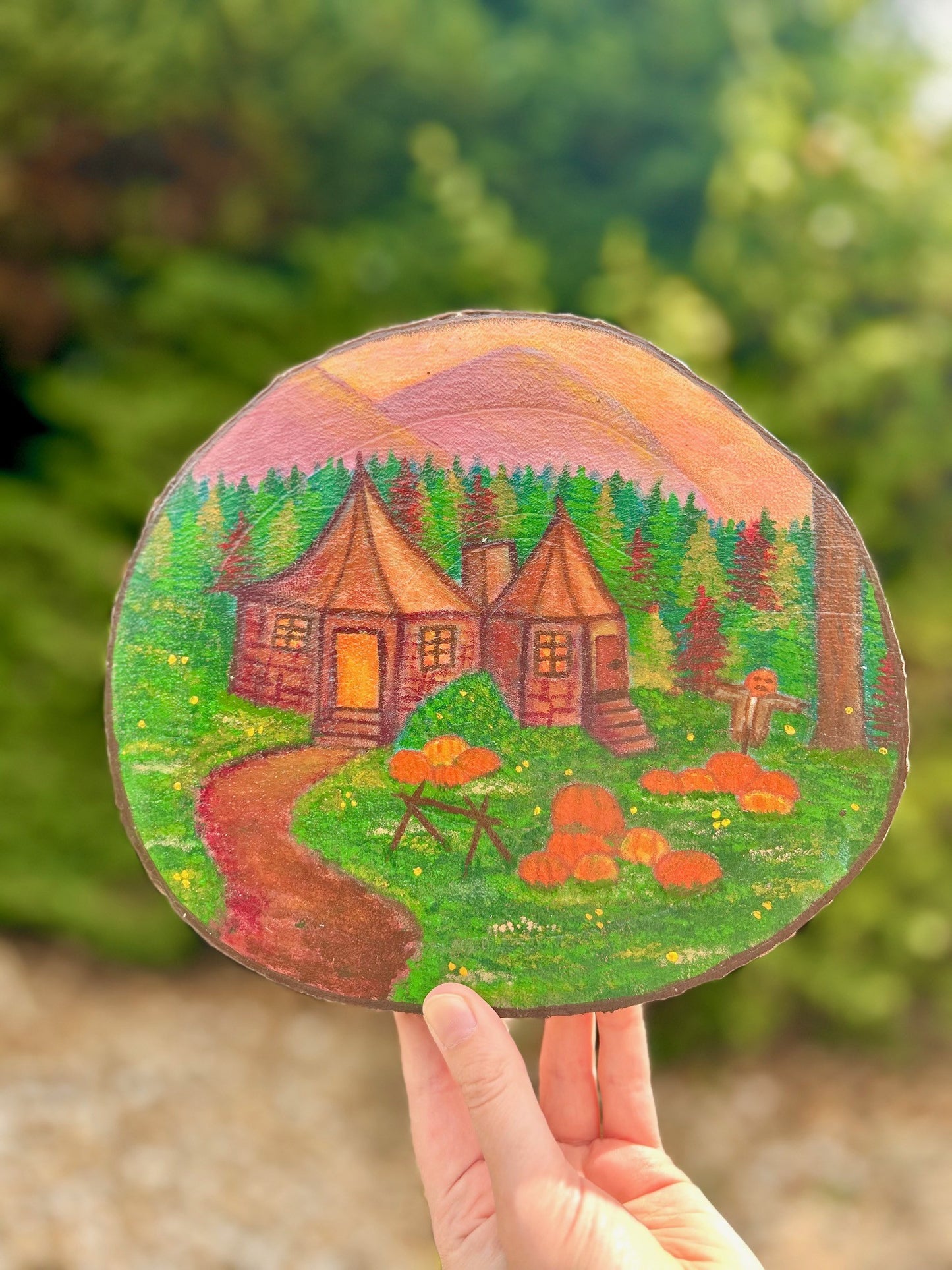 Gamekeeper’s Hut – Cosy Forest Cottage Wood Slice Art with Pumpkins