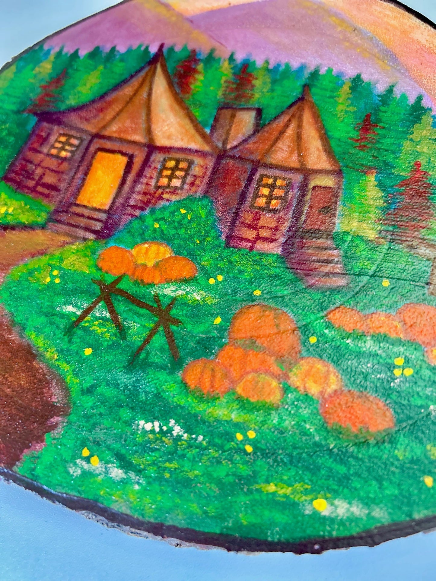 Gamekeeper’s Hut – Cosy Forest Cottage Wood Slice Art with Pumpkins