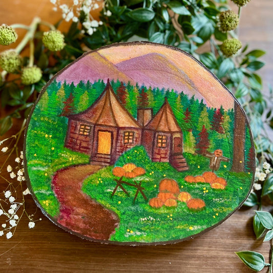 Gamekeeper’s Hut – Cosy Forest Cottage Wood Slice Art with Pumpkins