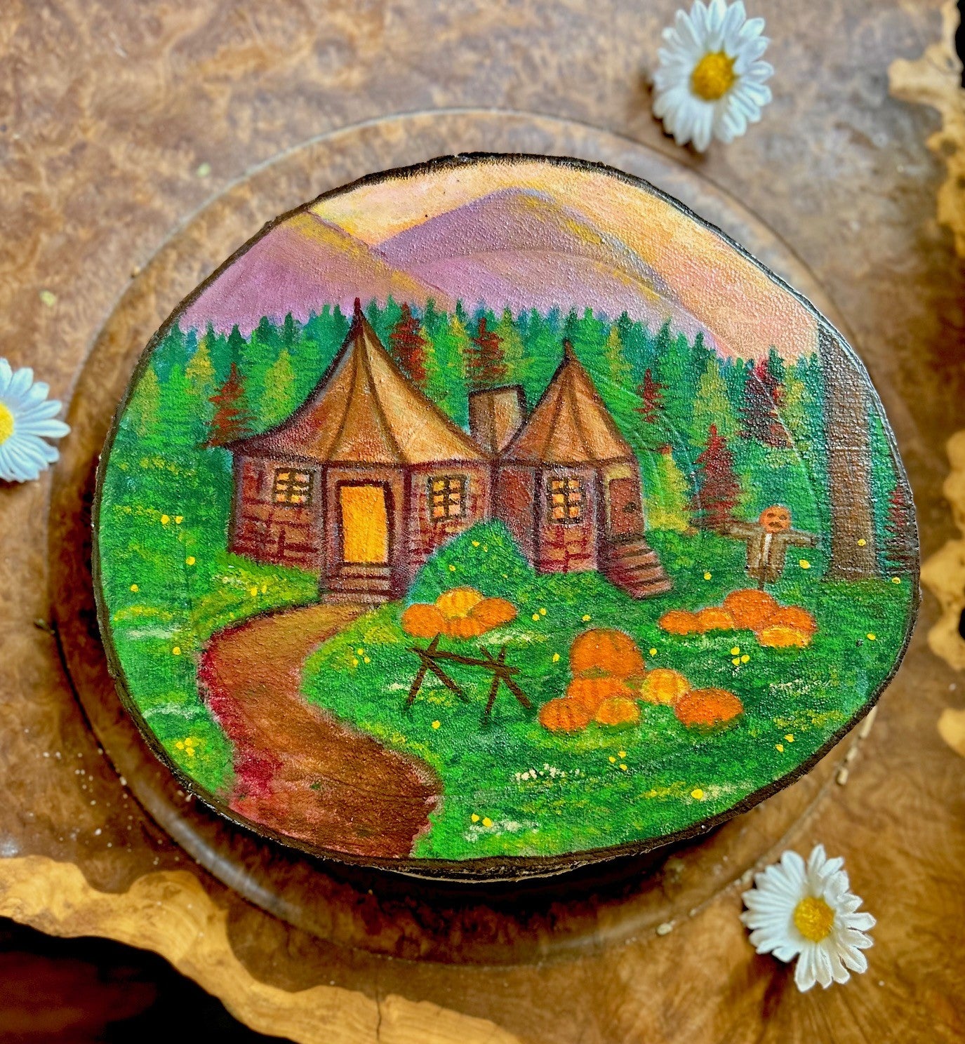 Gamekeeper’s Hut – Cosy Forest Cottage Wood Slice Art with Pumpkins