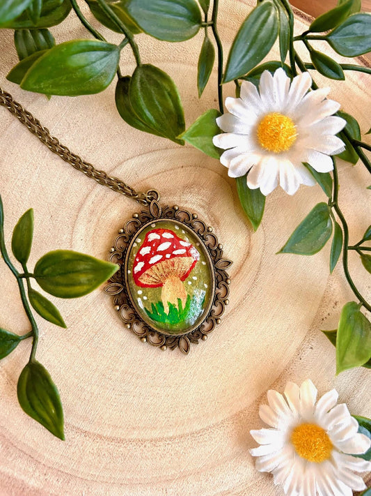 Hand-Painted Mushroom Pendant Necklace | Cottagecore Floral Jewelry