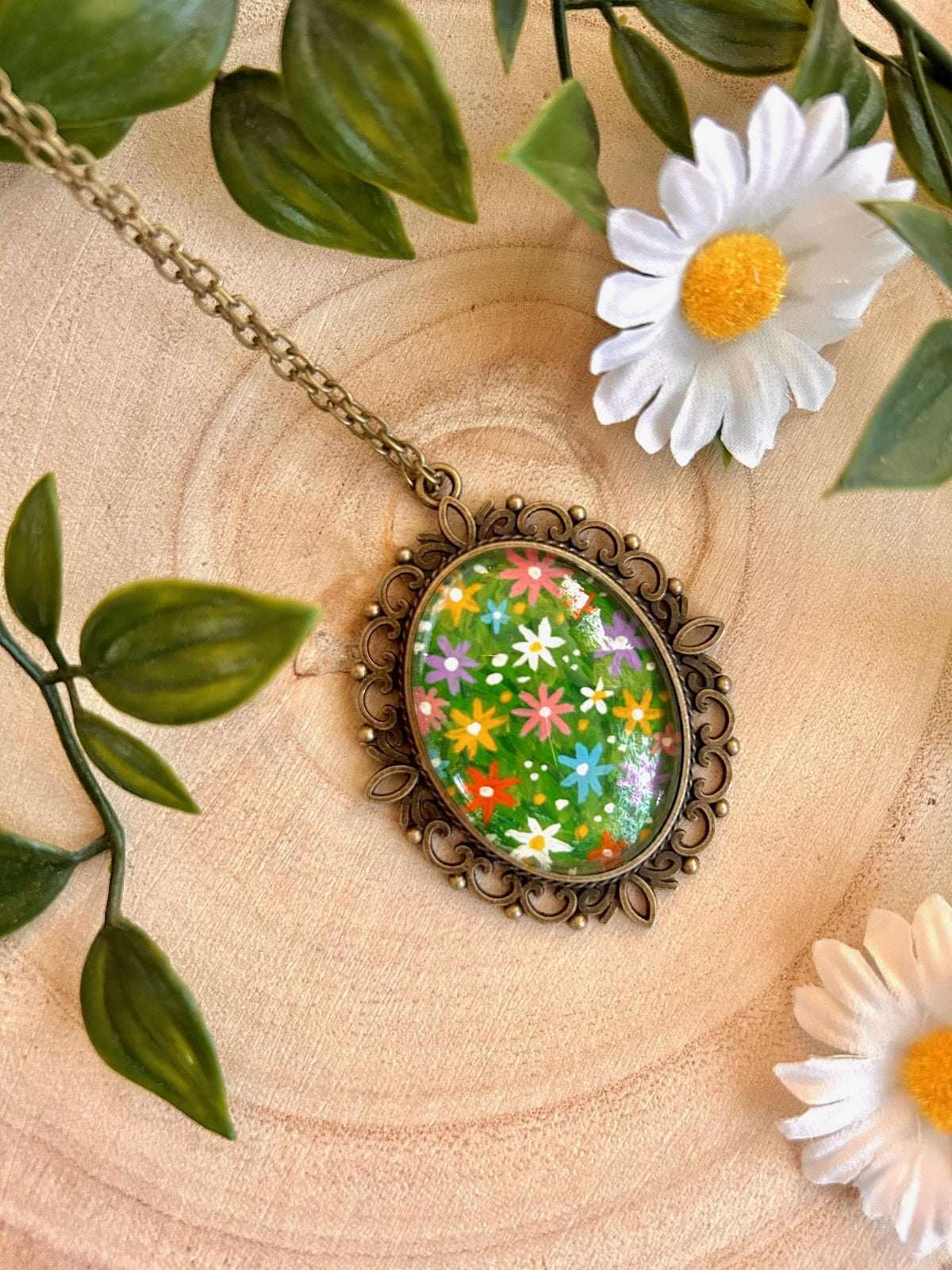 Hand Painted Wildflower Pendant Necklace | Vintage Bronze Floral Art
