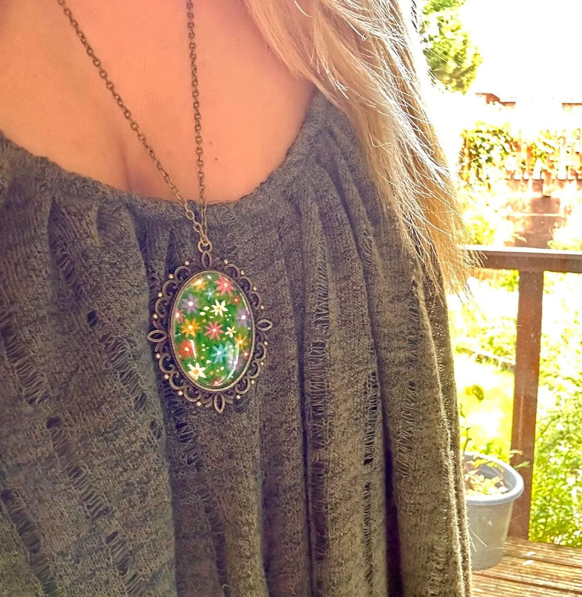Hand Painted Wildflower Pendant Necklace | Vintage Bronze Floral Art