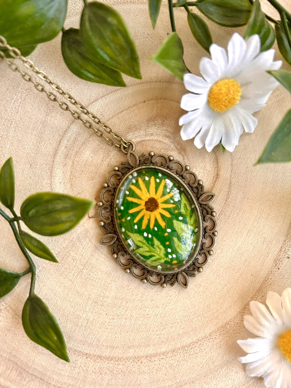 Hand Painted Sunflower Pendant Necklace | Vintage Style Bronze Frame