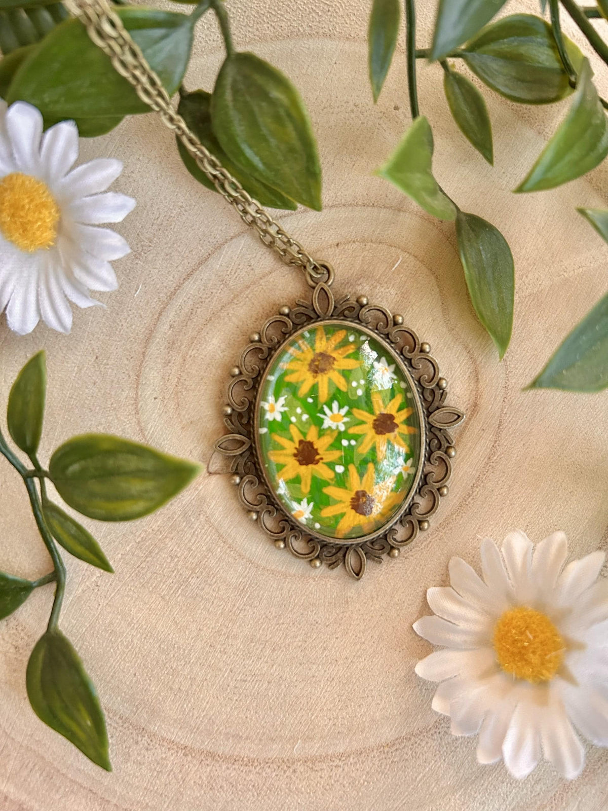Hand Painted Sunflower Pendant Necklace | Vintage Style Bronze Frame