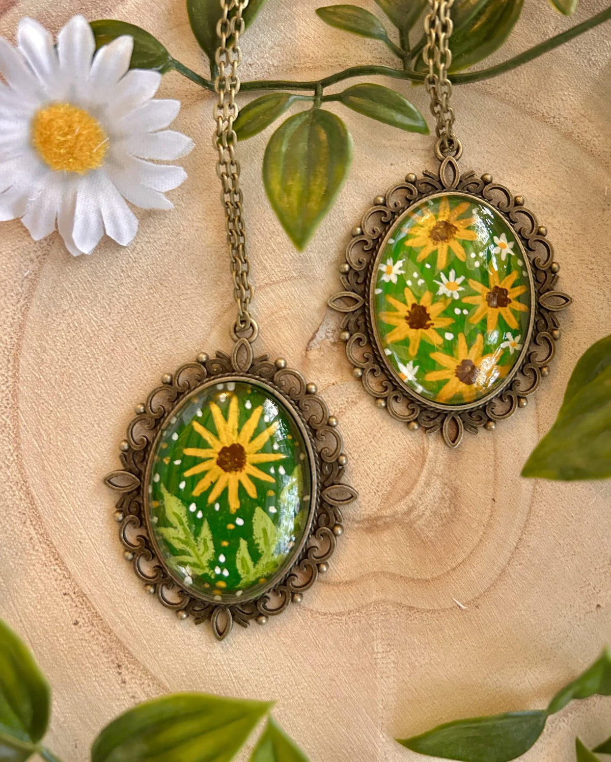 Hand Painted Sunflower Pendant Necklace | Vintage Style Bronze Frame