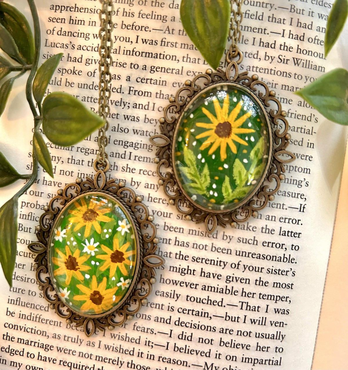 Hand Painted Sunflower Pendant Necklace | Vintage Style Bronze Frame