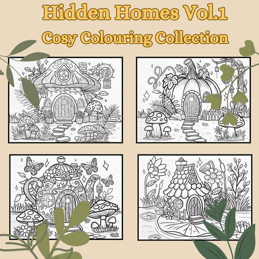 Fairy House Coloring Pages, Botanical Cottagecore Art (PDF Printable)
