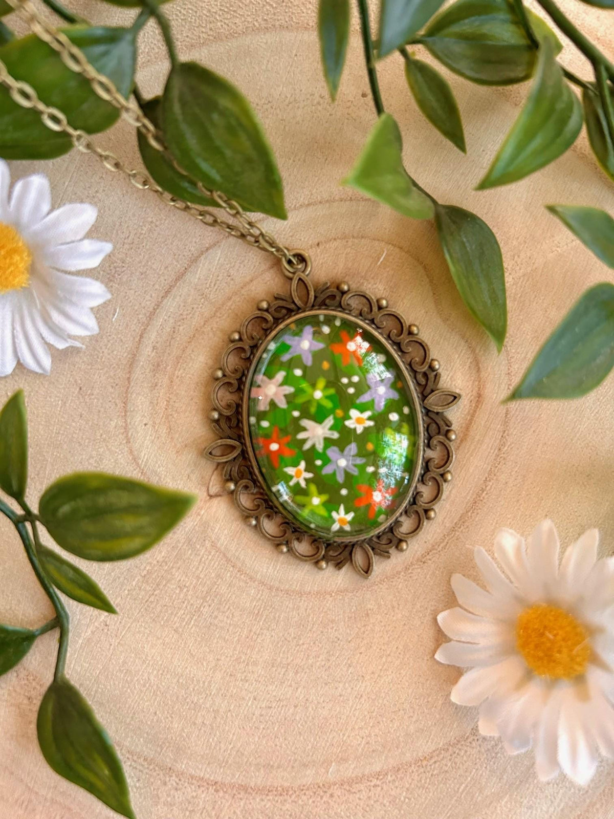 Hand Painted Wildflower Pendant Necklace | Vintage Bronze Floral Art