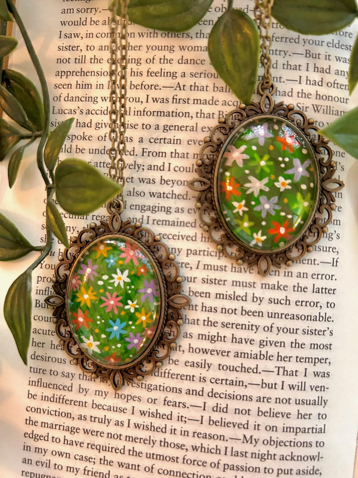 Hand Painted Wildflower Pendant Necklace | Vintage Bronze Floral Art