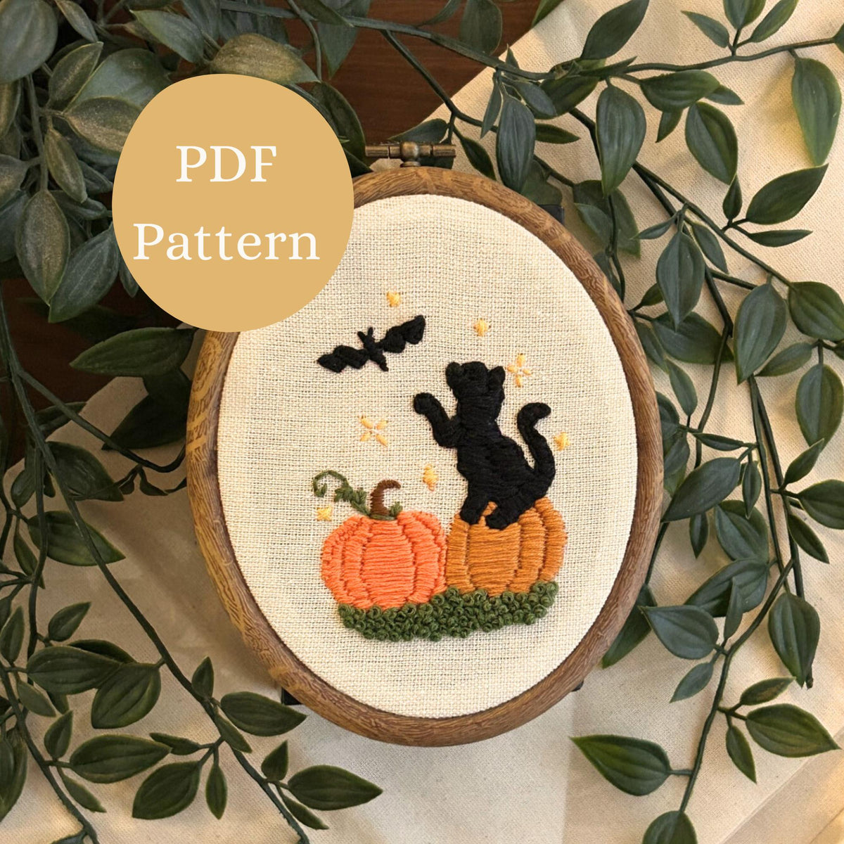 Black Cat Embroidery Pattern: Modern Beginner DIY Halloween Pumpkin Craft (PDF Pattern)