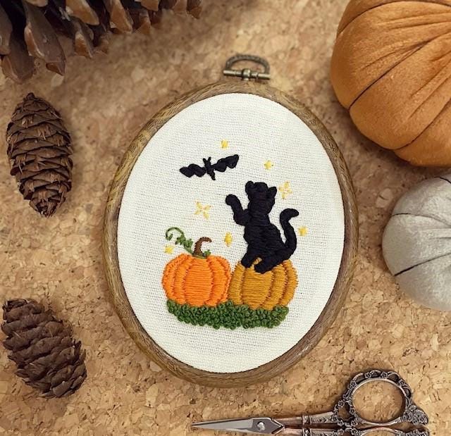 Black Cat Embroidery Pattern: Modern Beginner DIY Halloween Pumpkin Craft (PDF Pattern)