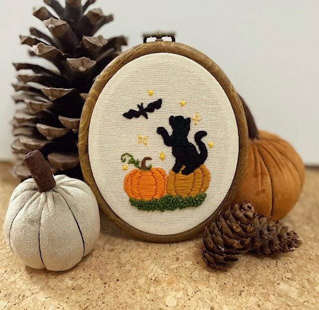 Black Cat Embroidery Pattern: Modern Beginner DIY Halloween Pumpkin Craft (PDF Pattern)