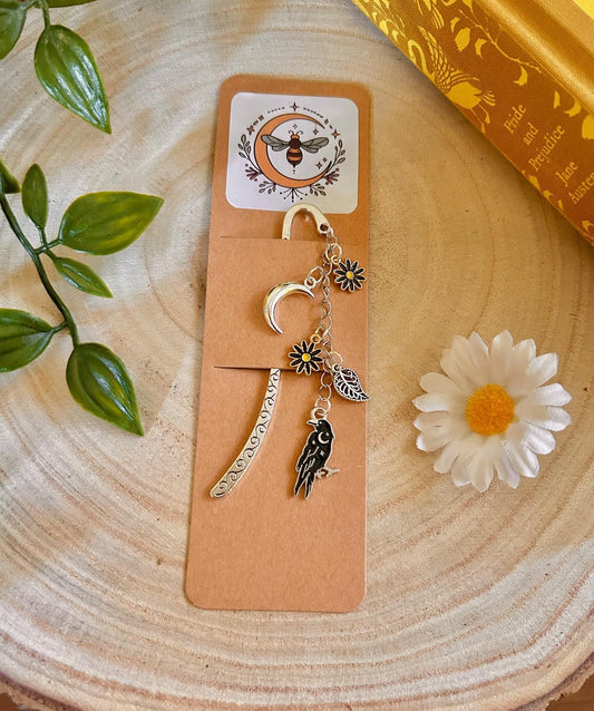 Moon Raven Bookmark | Celestial Floral Witchy Book Accessory