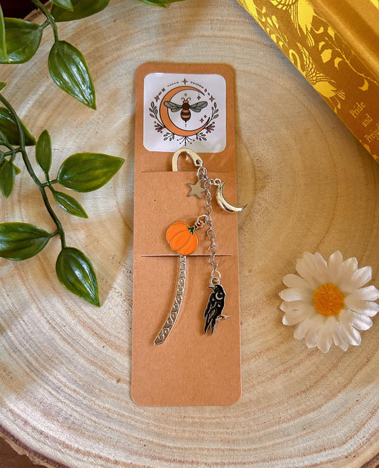 Pumpkin Raven Bookmark | Celestial Moon Star Charm, Cottagecore Book Accessory