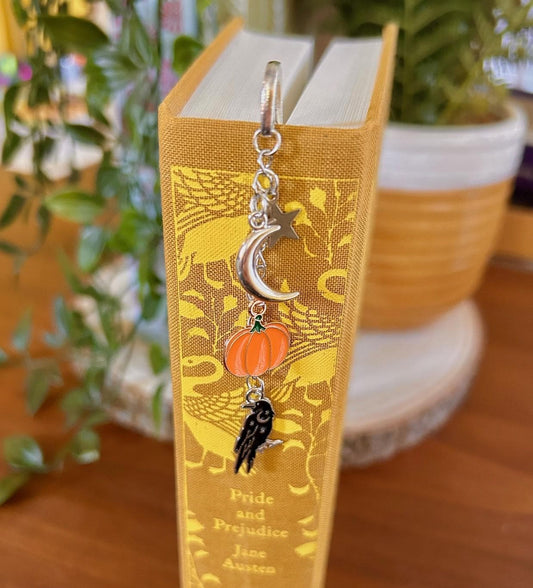 Pumpkin Raven Bookmark | Celestial Moon Star Charm, Cottagecore Book Accessory