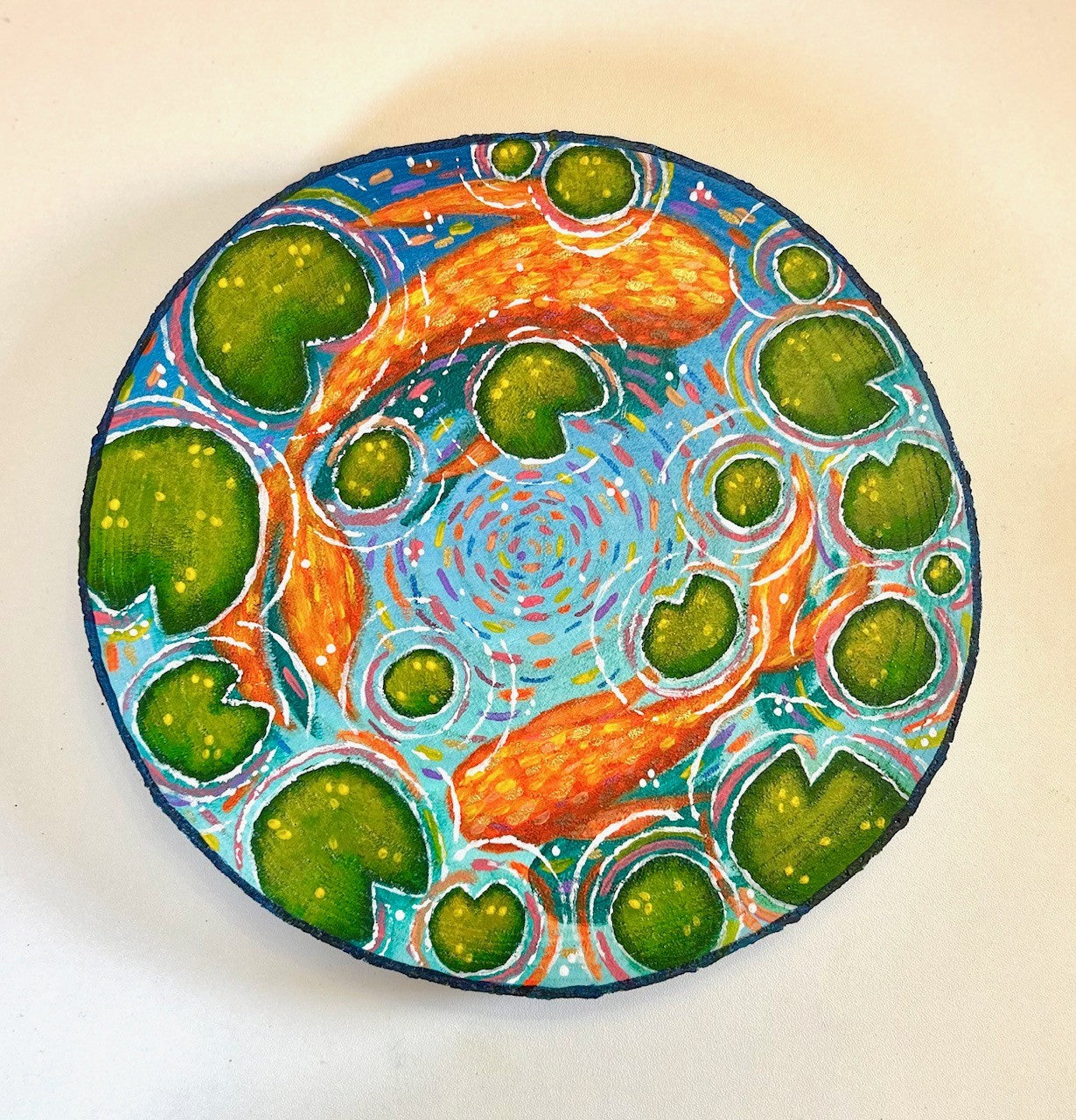 Dance of the Goldtails – Koi Pond and Lilypad Original Painting on Wood Slice