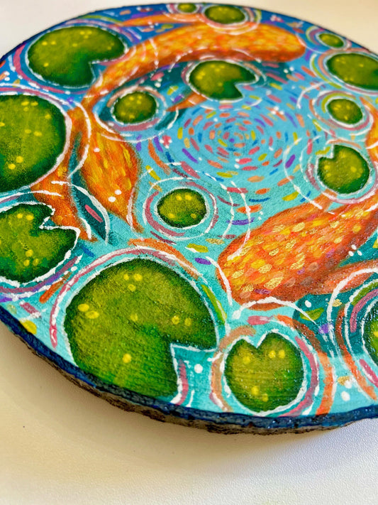 Dance of the Goldtails – Koi Pond and Lilypad Original Painting on Wood Slice