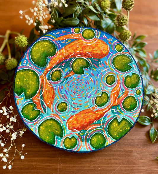 Dance of the Goldtails – Koi Pond and Lilypad Original Painting on Wood Slice