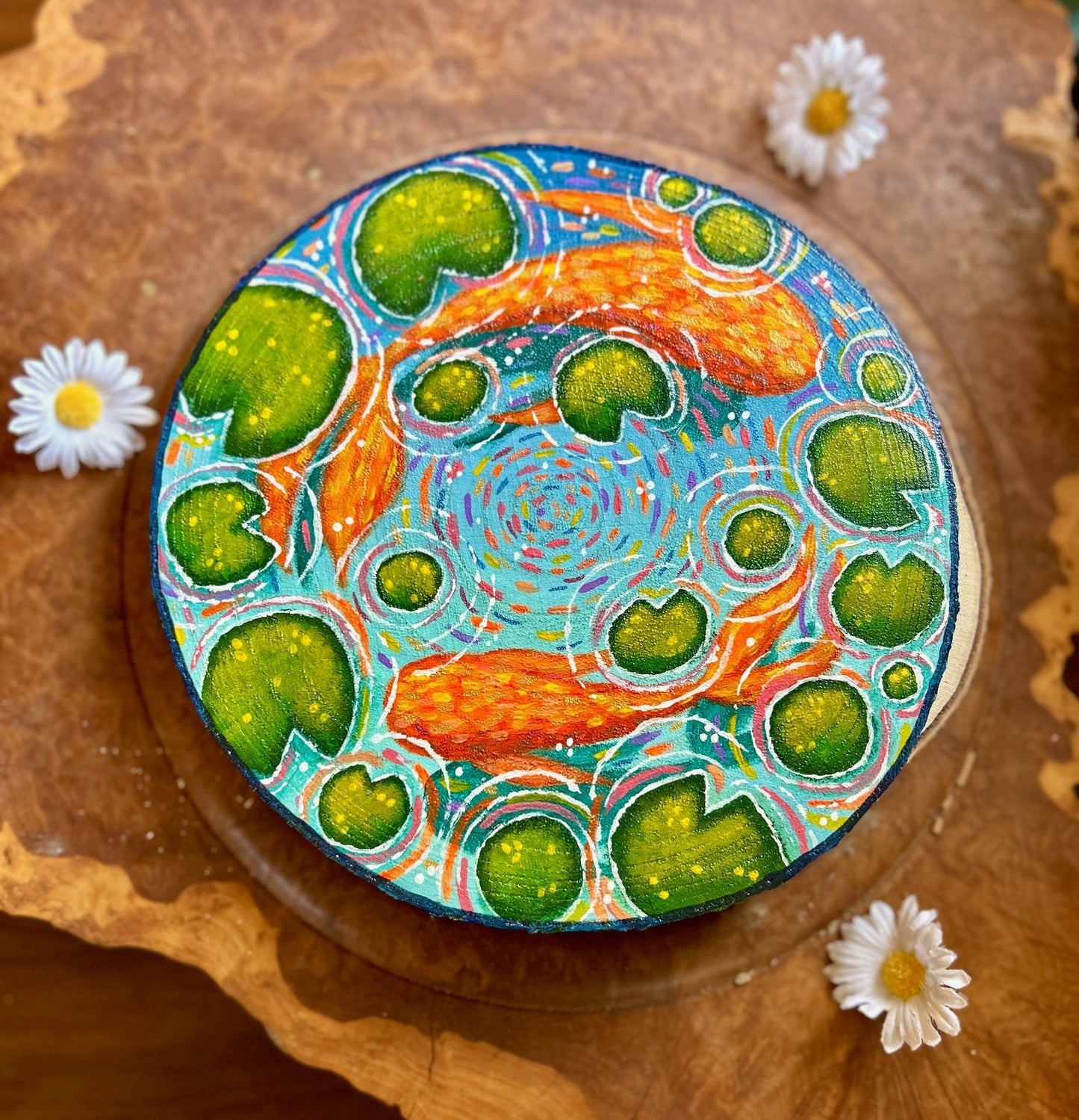 Dance of the Goldtails – Koi Pond and Lilypad Original Painting on Wood Slice