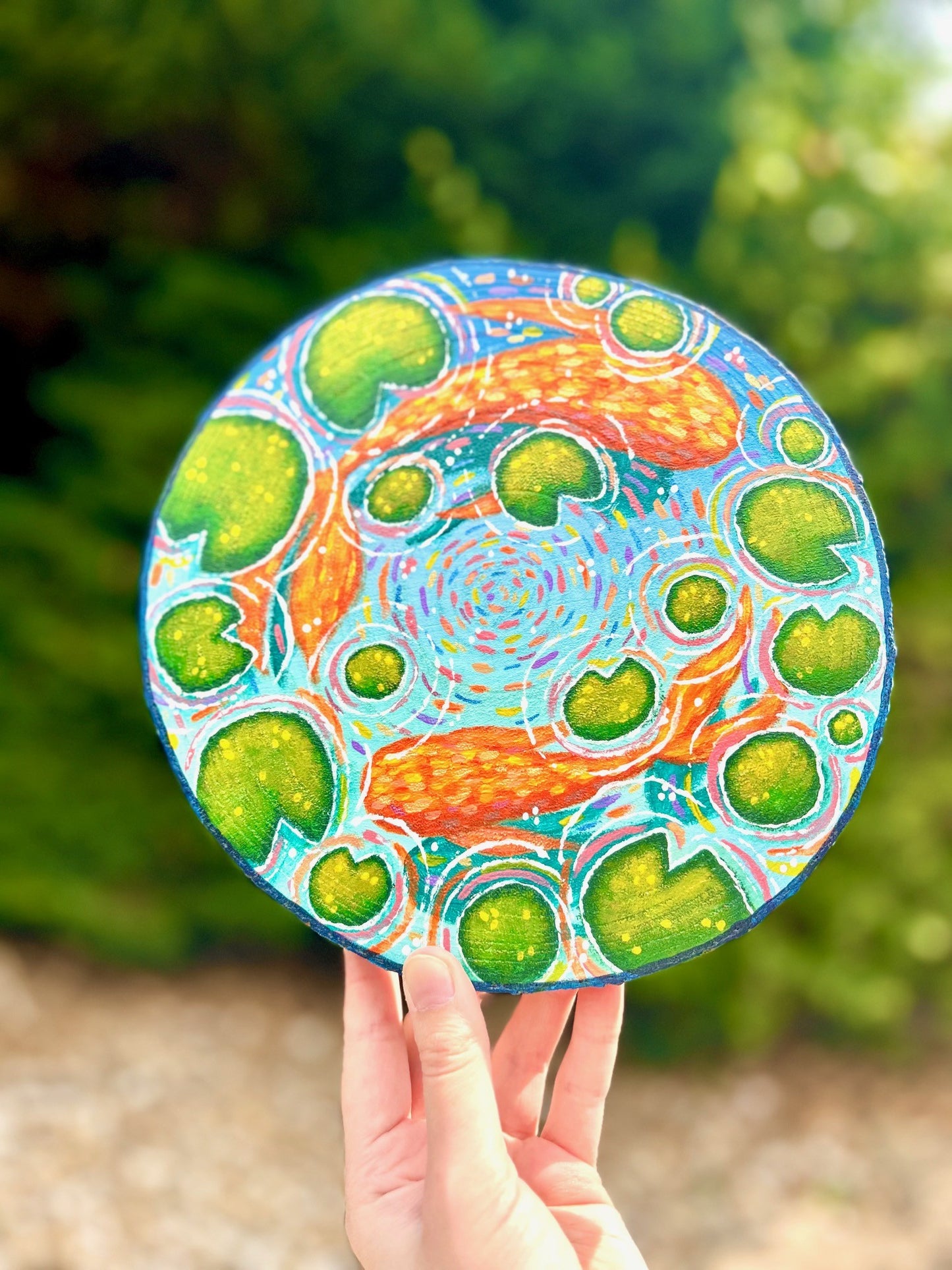 Dance of the Goldtails – Koi Pond and Lilypad Original Painting on Wood Slice